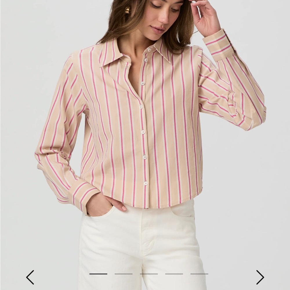 PAIGE Pink Striped Buttoned Boxy Top with Notched Collar